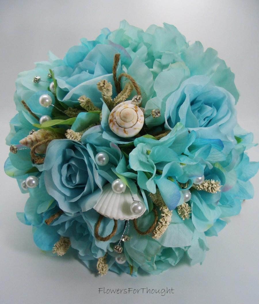 Mariage - Beach Wedding Seashell Bouquet with Aqua Hydrangea, Peonies, and Roses