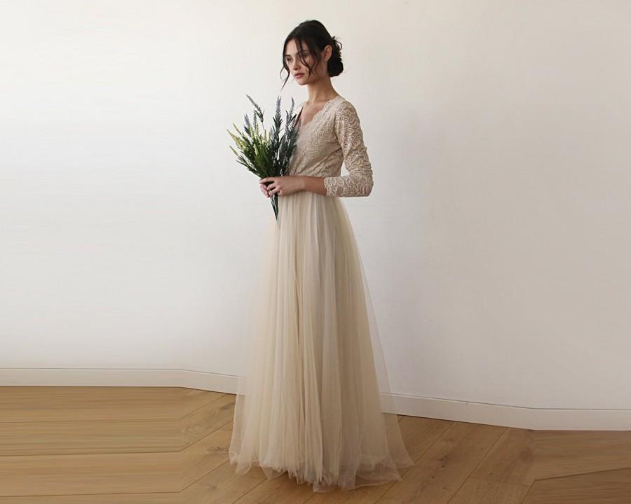 Mariage - Long Sleeves Maxi Dress Champagne tulle and lace , Tulle and lace Champagne dress 1125