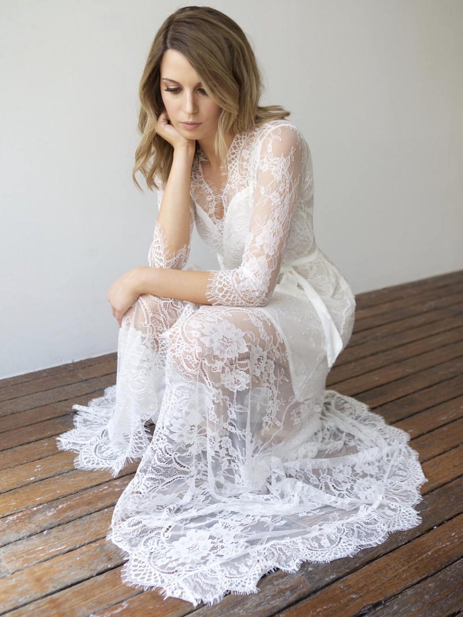 زفاف - Long White Lace Wedding Dress Bridal Robe