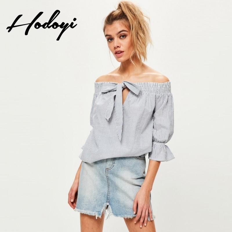 Wedding - School Style Vogue Sexy Sweet Ruffle Hollow Out Bateau Summer Tie Stripped Blouse Top - Bonny YZOZO Boutique Store