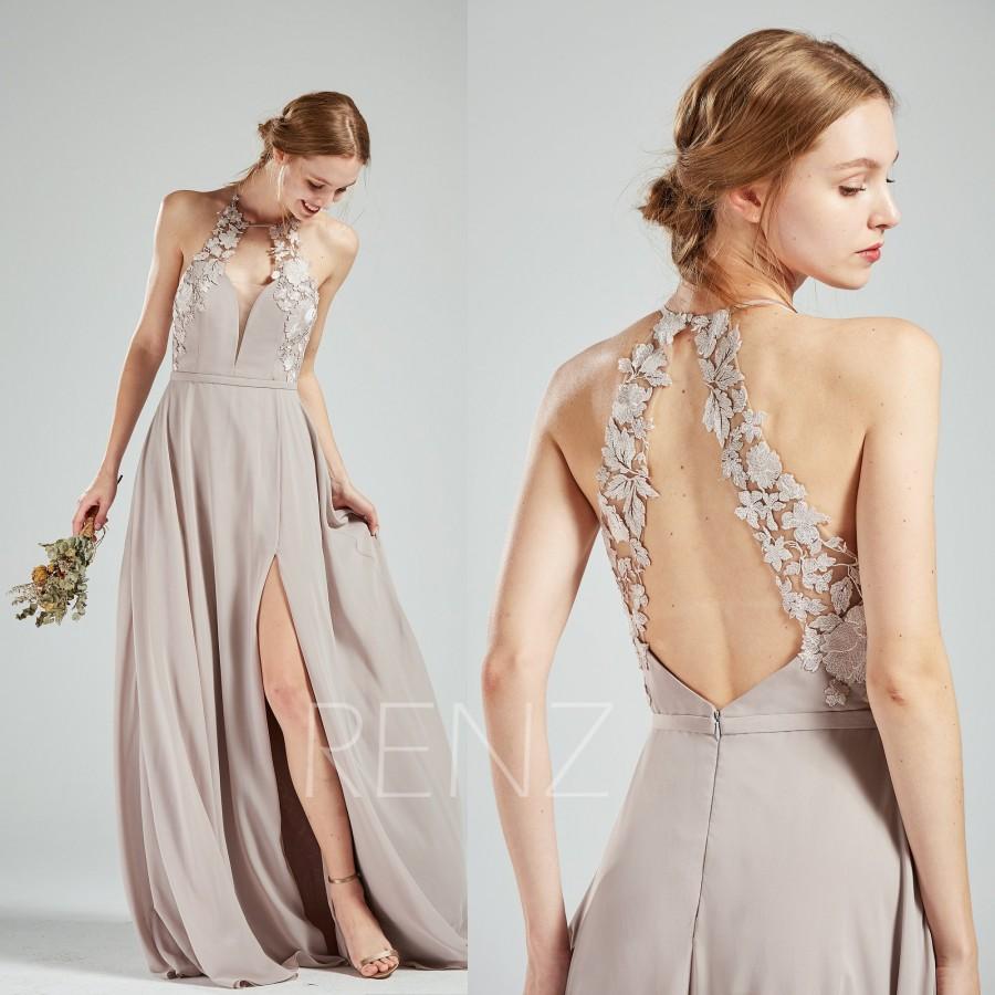 Свадьба - Bridesmaid Dress Taupe Chiffon Dress Wedding Dress Side Split,Lace Halter Maxi Dress,Open Back Party Dress,Sleeveless Evening Dress(H566)