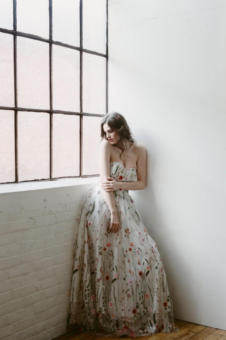 Hochzeit - Embroidered Gown, floral wedding dress, embroidered prom dress, spring wedding dress