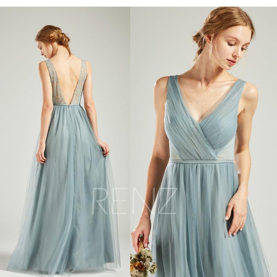 زفاف - Party Dress Dusty Blue Bridesmaid Dress,Wedding Dress,V Neck Maxi Dress,Illusion Lace Beaded V Back Prom Dress,Sleeveless Tulle Dress(HS719)
