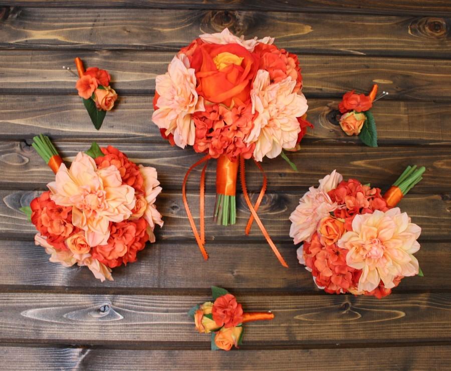 Hochzeit - Orange Wedding Set, 6 piece Wedding Set, Bridesmaid Bouquet Orange, Orange Wedding Bouquet, Wedding Bouquet Set Orange, Coral, Orange, Peach