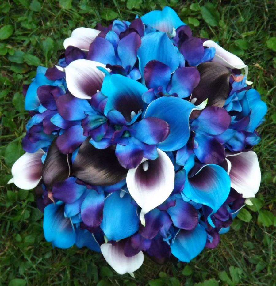 Wedding - Magnificent bridal bouquet with real touch Picasso callas, blue Picasso callas, plum callas, royal blue callas and blue galaxy orchids