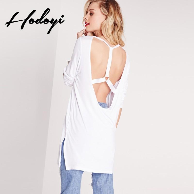 Wedding - Oversized Vogue Sexy Split Open Back Scoop Neck One Color Fall 9/10 Sleeves T-shirt - Bonny YZOZO Boutique Store
