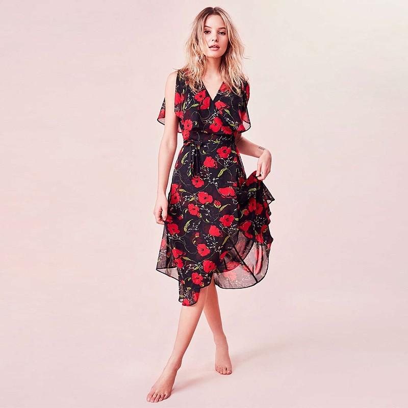 Mariage - Sweet Printed Slimming V-neck Chiffon Floral Summer Dress - Bonny YZOZO Boutique Store