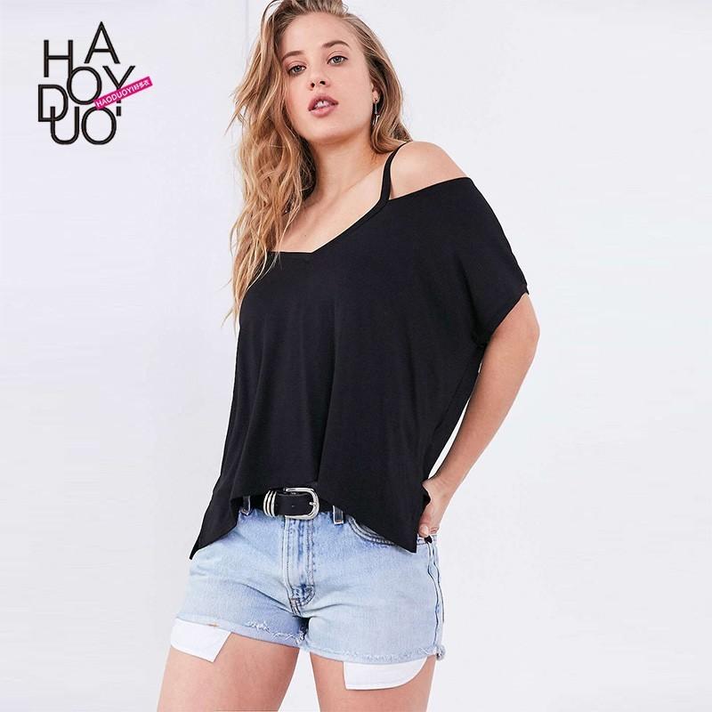 زفاف - Oversized Vogue Simple Off-the-Shoulder One Color Summer Short Sleeves Strappy Top T-shirt - Bonny YZOZO Boutique Store