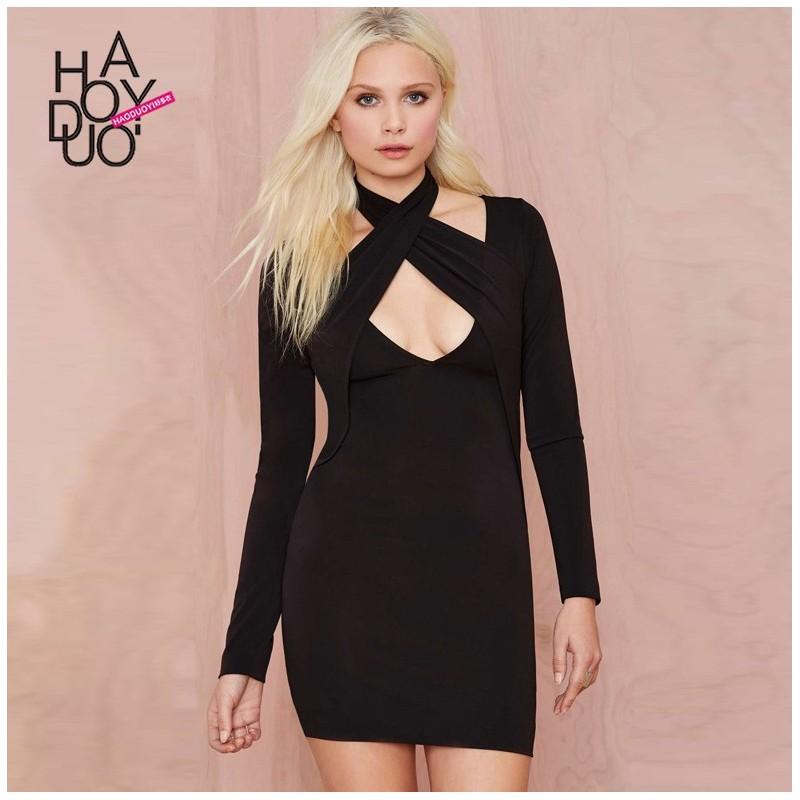 Wedding - Ladies fall 2017 new sexy cross wrapped up the neck hollow hip slim dress - Bonny YZOZO Boutique Store