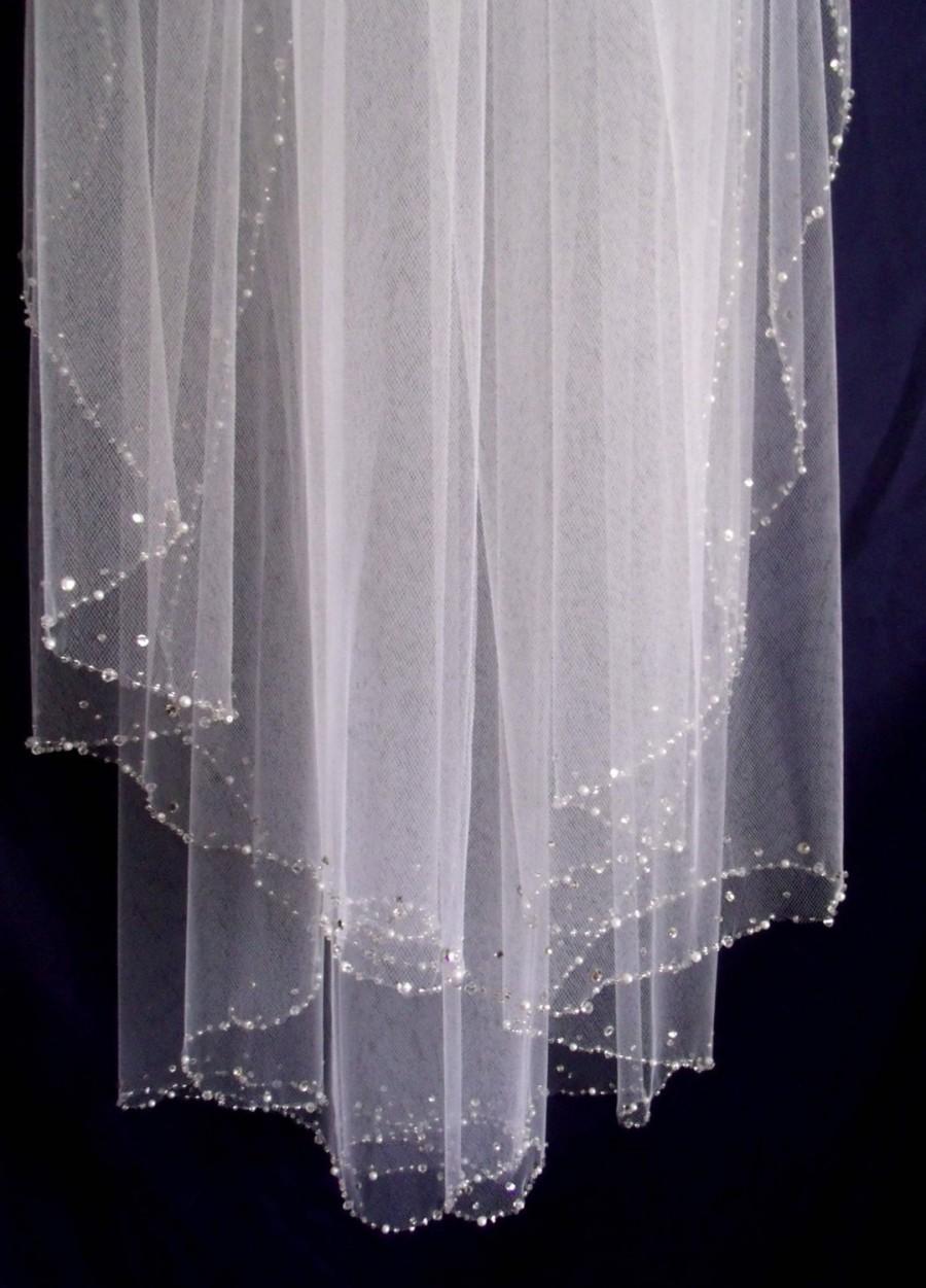 Hochzeit - Elbow length CRYSTALS and PEARLS EDGE  wedding Bridal  veil with comb Diamond white, Ivory or White