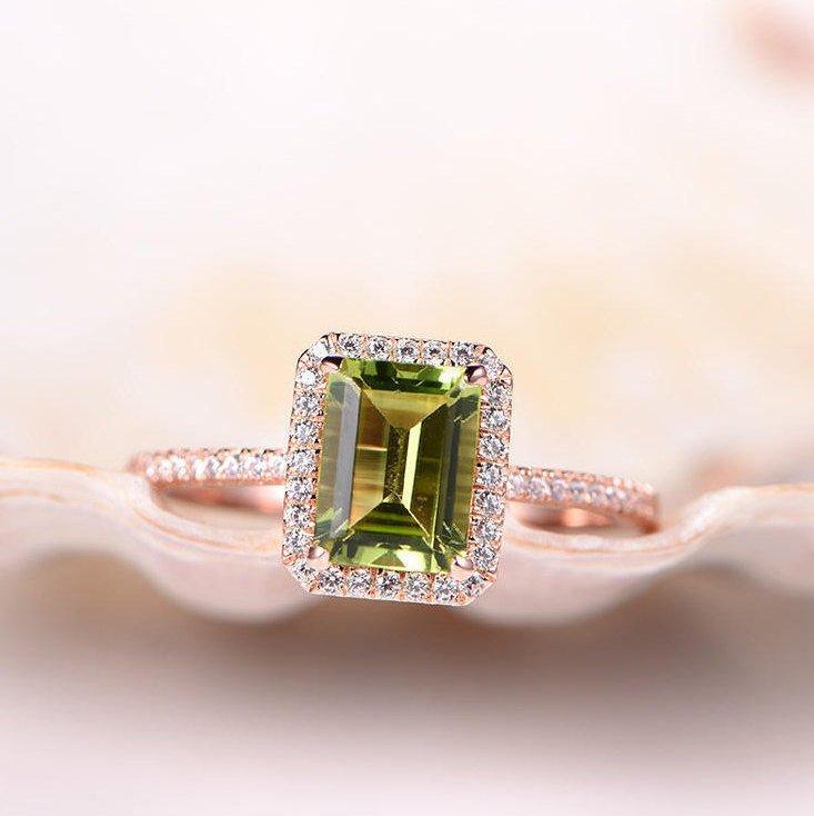Свадьба - Peridot Ring Emerald Cut Peridot Engagement Ring 6x8mm Gemstone Ring Natural Diamond Wedding Band Diamond Ring Solid 14k Rose Gold Ring