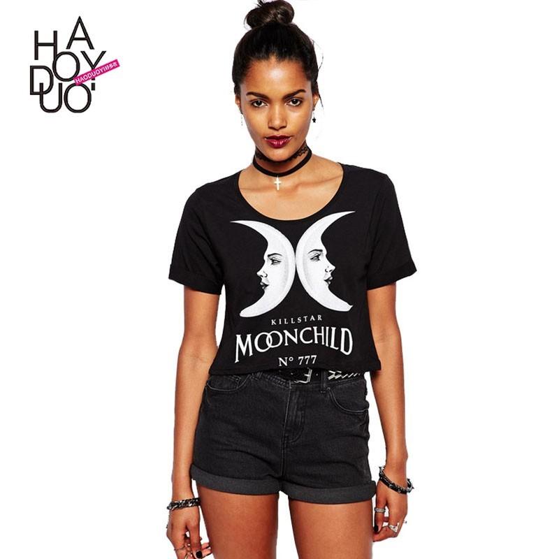 زفاف - Punk Casual Printed Alphabet Moon Black Summer T-shirt Crop Top - Bonny YZOZO Boutique Store