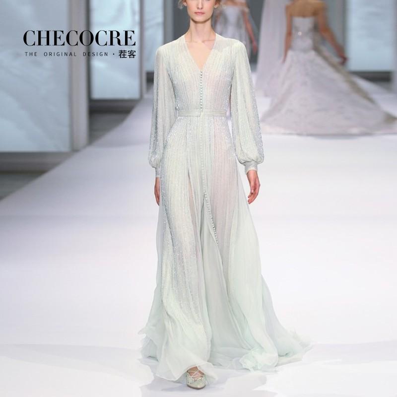 Hochzeit - Curvy V-neck Trail Dress Extra Long Chiffon Shine Spring 9/10 Sleeves Formal Wear Dress - Bonny YZOZO Boutique Store