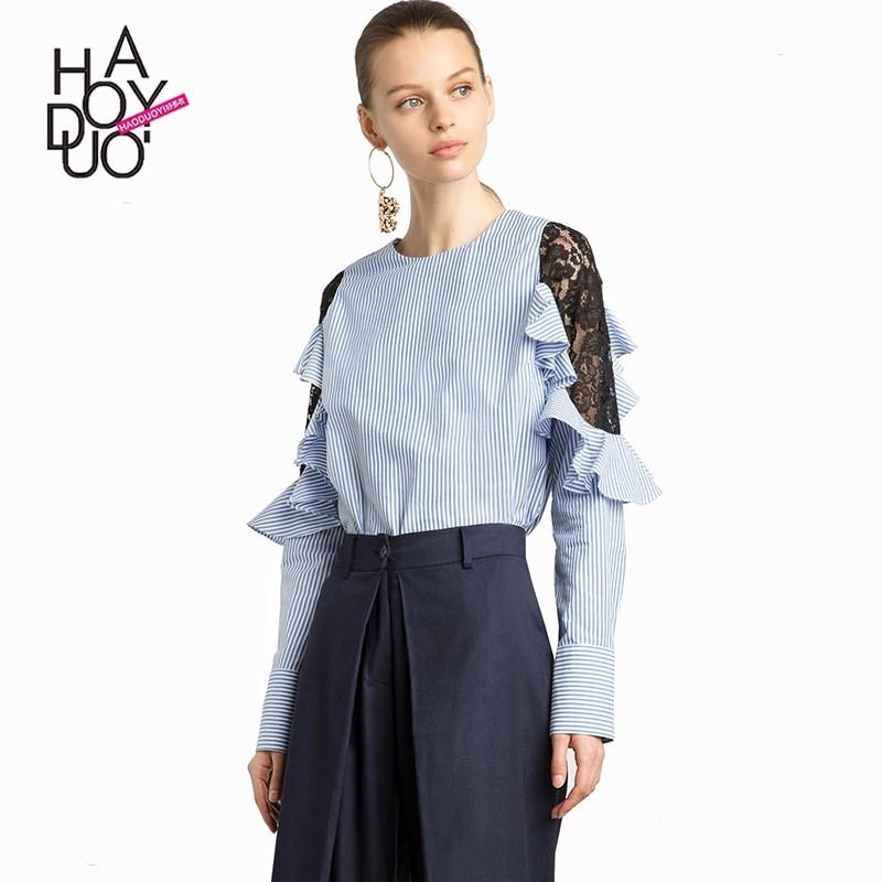 Mariage - School Style Sweet Split Front Fall Frilled Lace Stripped Blouse - Bonny YZOZO Boutique Store