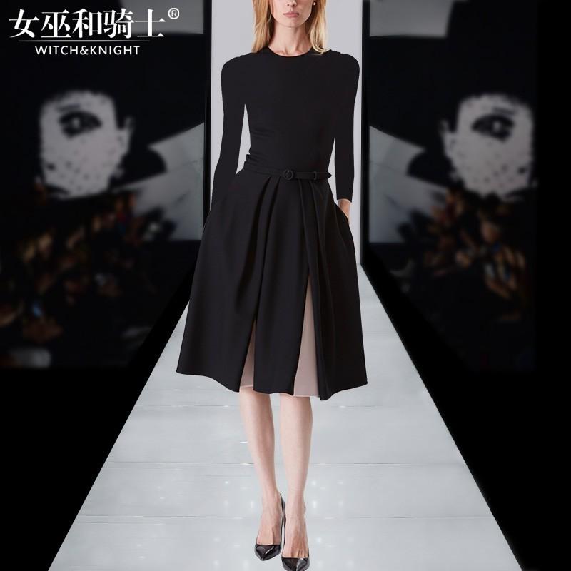 زفاف - Split Slimming A-line Scoop Neck 9/10 Sleeves Black Mini Dress Belt Dress - Bonny YZOZO Boutique Store