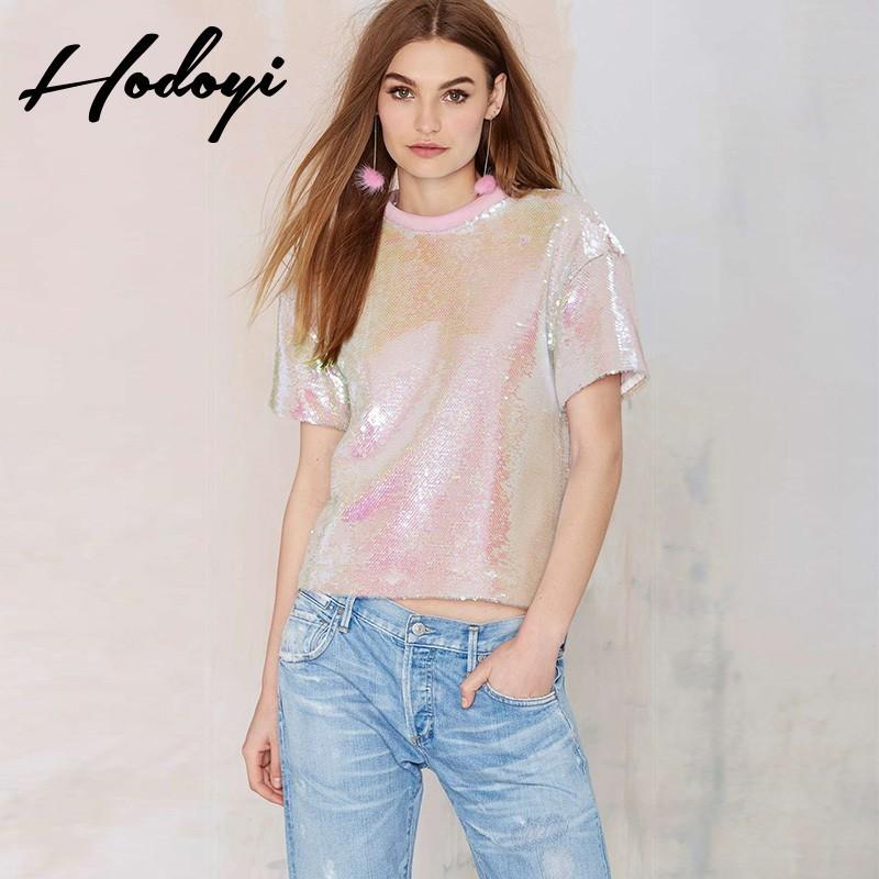 زفاف - Must-have Oversized Vogue Scoop Neck Sequined One Color Summer Edgy Short Sleeves Basic Top T-shirt - Bonny YZOZO Boutique Store
