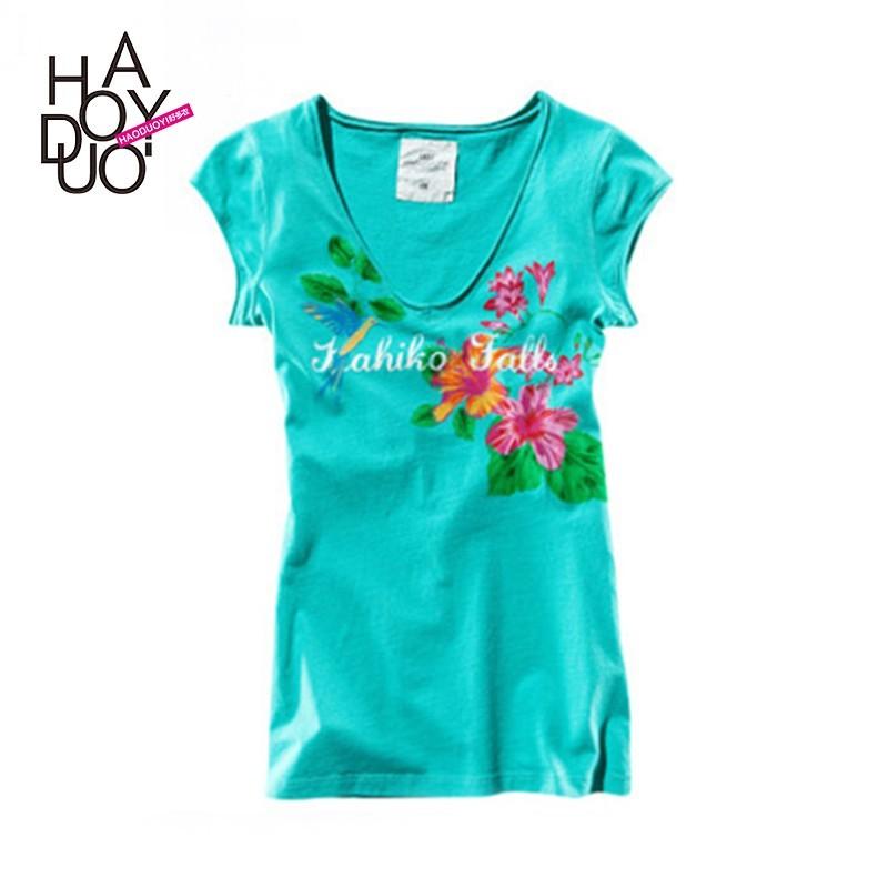 زفاف - Street flower alphabet prints green round neck short sleeve t-shirt - Bonny YZOZO Boutique Store