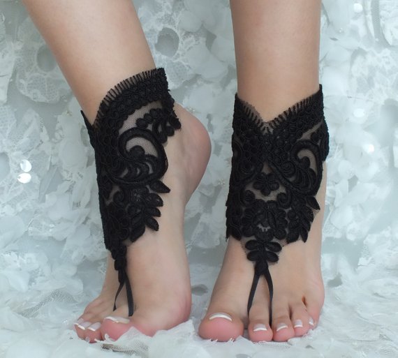 Mariage - black french lace gothic barefoot sandals flexible wrist beach wedding prom party steampunk burlesque vampire bangle beach Shoes footles