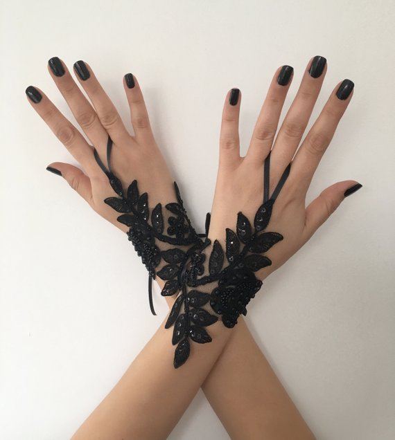 Hochzeit - Black lace glove french lace bridal gloves, fingerless gloves black glove burlesque glove guantes steampunk glove goth wedding