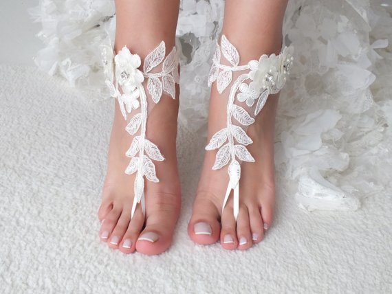 Wedding - ivory Beach wedding barefoot sandals 3D flower wedding shoes prom party lace barefoot sandals bangle beach anklets bride bridesmaid gift