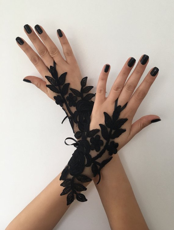 Mariage - Black lace glove french lace bridal gloves, fingerless gloves black glove burlesque glove guantes steampunk glove goth wedding