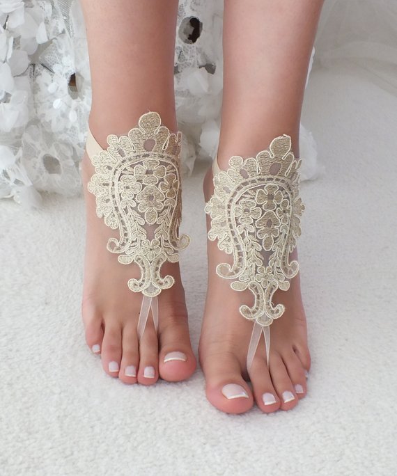 Hochzeit - Gold lace barefoot sandals wedding barefoot Flexible wrist lace sandals Beach wedding barefoot sandals beach Wedding sandals Bridal