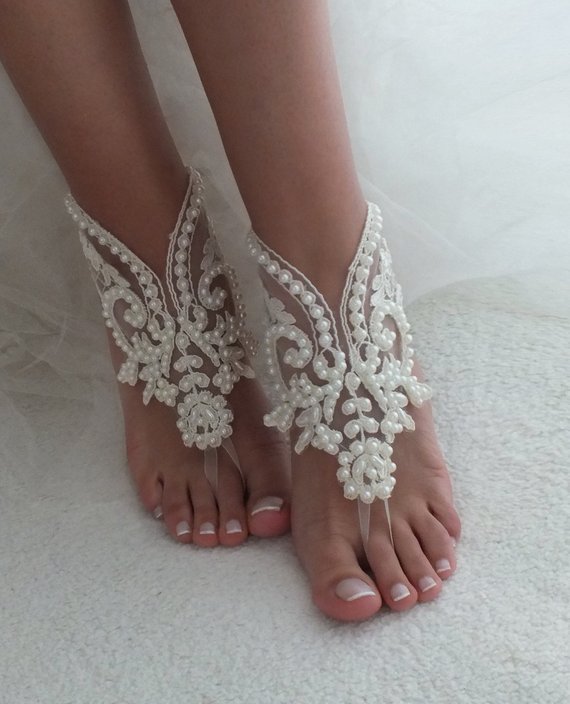 Hochzeit - EXPRESS SHIP Beach Wedding Barefoot Sandals ivory lace barefoot sandals beach shoes Bride Shoe Bridal Accessories Bridal beach shoes