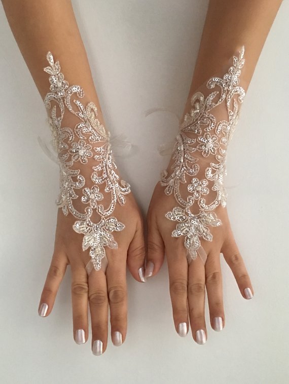 Mariage - Champagne Silver sequins Bridal Glove Wedding Gloves, Ivory lace gloves, Ivory bride glove bridal gloves lace gloves fingerless Unique glove