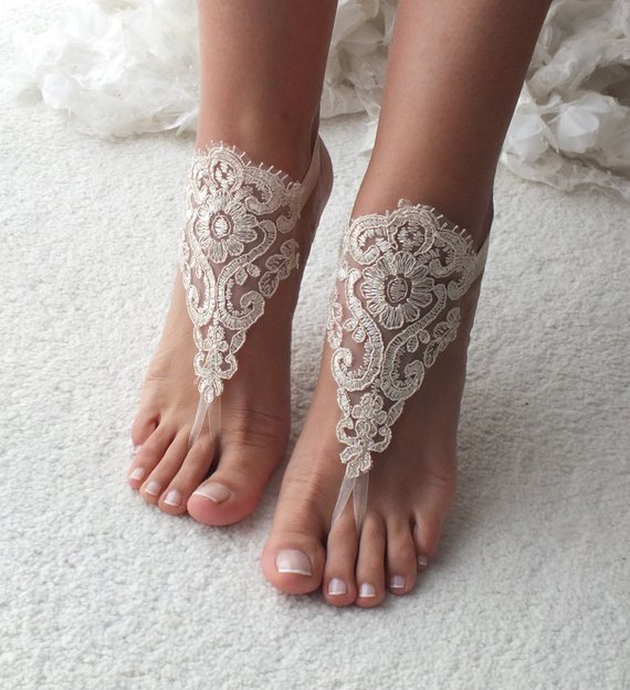 Mariage - Champagne lace barefoot sandals wedding barefoot Flexible wrist lace sandals Beach wedding barefoot sandals beach Wedding sandals Bridal