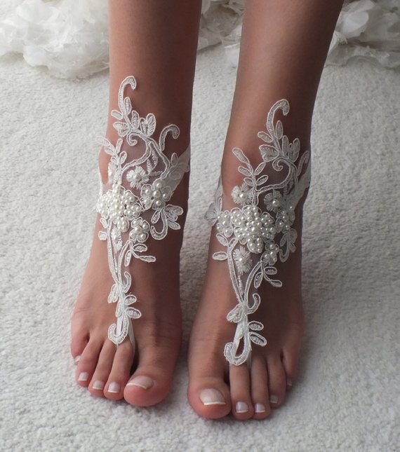 Hochzeit - EXPRESS SHIP Beach Wedding Barefoot Sandals ivory lace barefoot sandals beach shoes Bridesmaid Gift Bridal Accessories Bridal Anklets