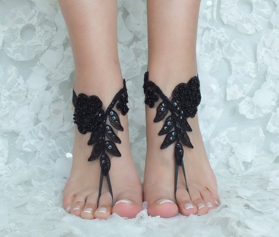Wedding - black and ivory french lace gothic barefoot sandals wedding prom party steampunk burlesque vampire bangle beach anklets bridal Shoes footles