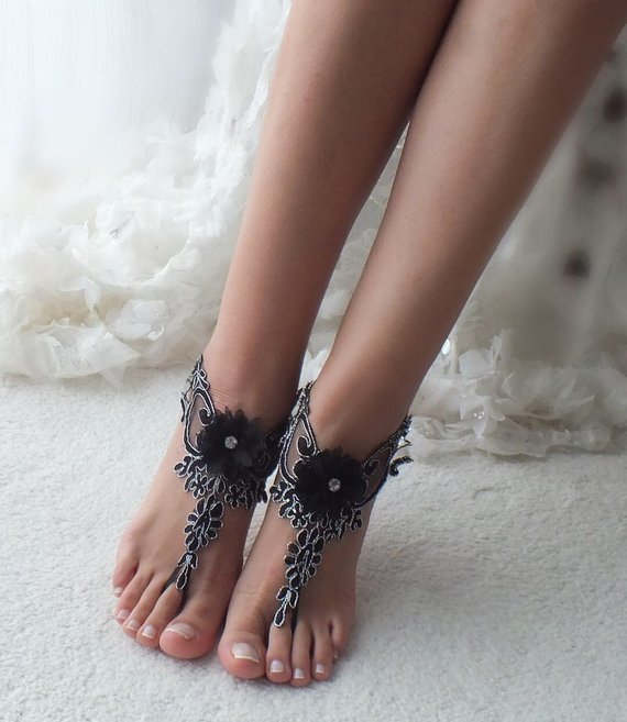Wedding - black silver lace gothic barefoot sandals Bellydance wedding prom party steampunk burlesque vampire bangle beach anklets bridal Shoes pool