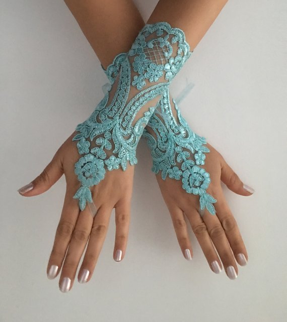 Hochzeit - Turquoise Lace Gloves, Bridal Gloves, wedding gloves, Handmade gloves, Goth bride glove bridal gloves Long lace gloves fingerless gloves,