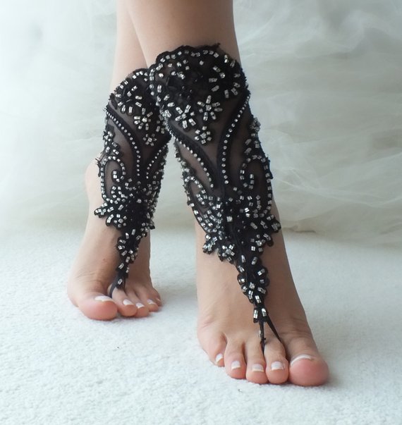 Hochzeit - black silver french lace gothic barefoot sandals wedding prom party steampunk burlesque vampire bangle beach anklets bridal Shoes footles
