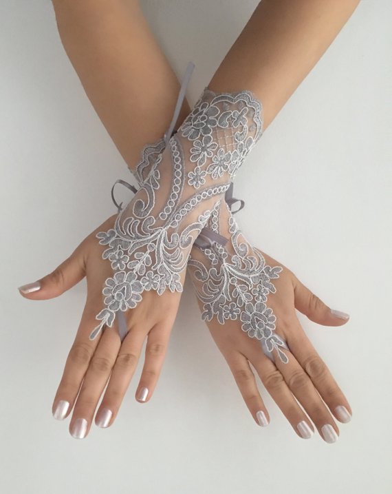 Hochzeit - Grey Lace Gloves, Bridal Gloves, wedding gloves, Handmade gloves, Goth bride glove bridal gloves lace gloves fingerless gloves, Steampunk