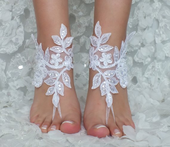 Hochzeit - white lace barefoot sandals wedding barefoot Flexible wrist lace sandals Beach wedding barefoot sandals beach Wedding sandals Bridal Sandal
