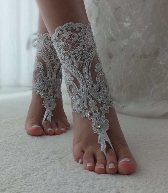 Mariage - Beach Weddings Silver Grey Lace Barefoot Sandals Bridesmaids Gift Bridal Jewelry Wedding Shoes Bangle Bridal Accessories Handmade