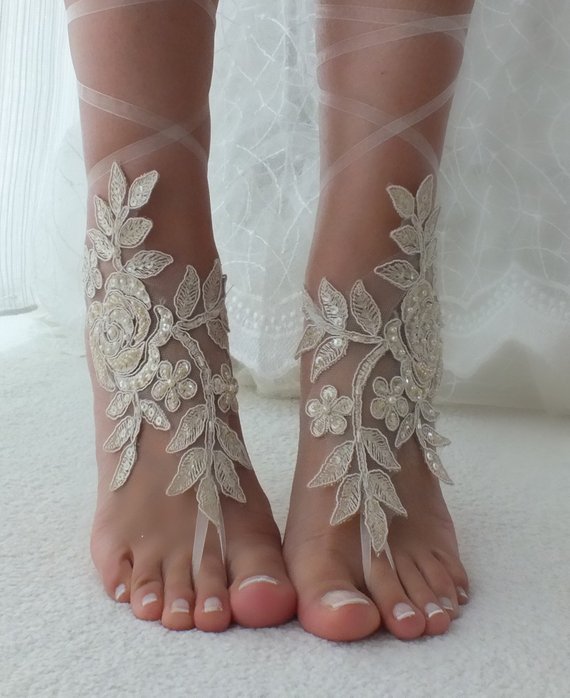 Hochzeit - Champagne lace barefoot sandals wedding barefoot Flexible wrist lace sandals Beach wedding barefoot sandals beach Wedding sandals Bridal