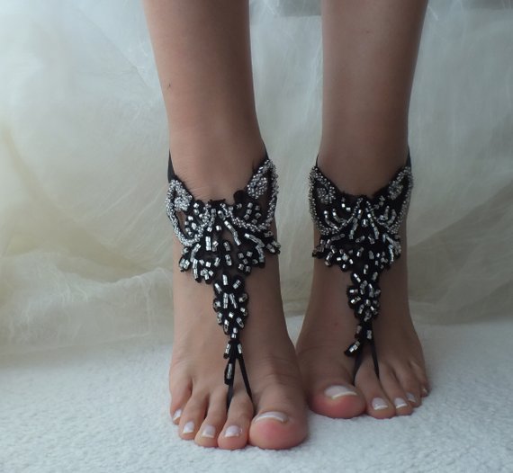 Wedding - black silver french lace gothic barefoot sandals wedding prom party steampunk burlesque vampire bangle beach anklets bridal Shoes footles