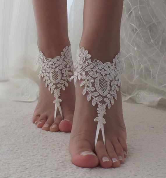 Mariage - Ivory Beach wedding barefoot sandals wedding shoes prom lace barefoot sandals bangle beach anklets bride bridesmaid gift