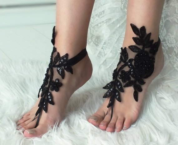 Mariage - Black ivory french lace gothic barefoot sandals wedding prom party steampunk burlesque vampire bangle beach anklets bridal Shoes footles