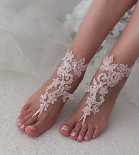 زفاف - Beach Wedding Barefoot Sandals Pink lace Bridal barefoot Bridesmaids Gift Bridal Jewelry Wedding Shoes Bangle Bridal Accessories Anklet