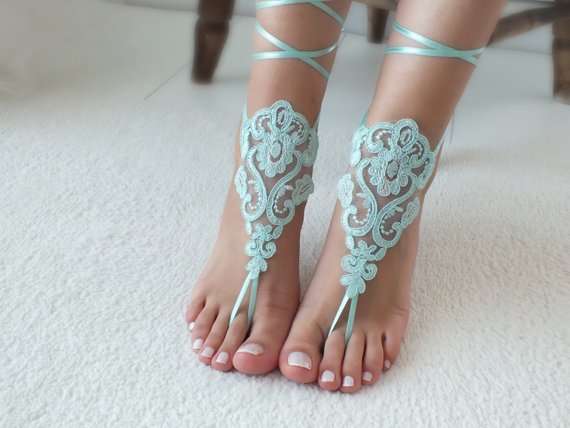 Mariage - Mint lace barefoot sandals wedding barefoot Flexible wrist lace sandals Beach wedding barefoot sandals beach Wedding sandals Bridal
