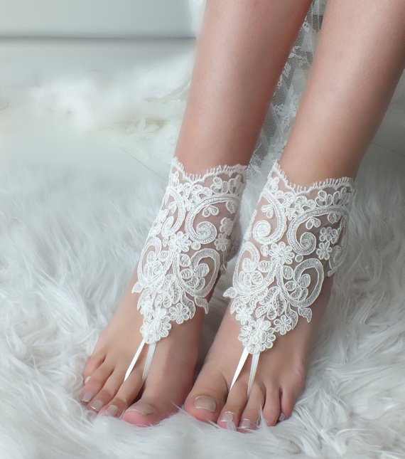 Wedding - FAST SHIPPING Ivory lace barefoot sandals, Bridal shoes, Wedding shoes, Bridal footless sandals, Beach wedding lace sandals, Bridal anklet