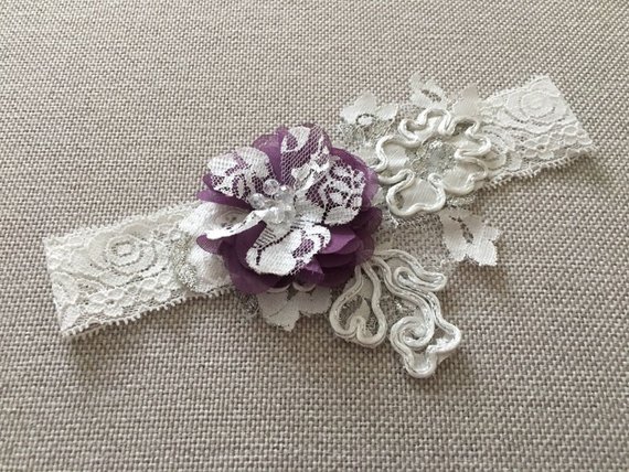 Hochzeit - Bridal lace garter, ivory purple wedding garter, Bridal Gift Garter set, ivory garter, pearl garter, Rustic Garter, something blue