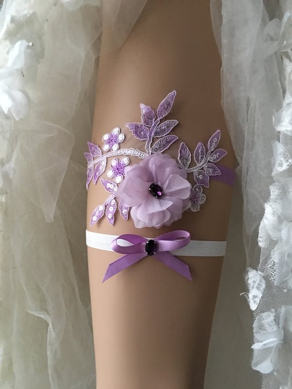 Wedding - Bridal Wedding garter, lilac flower wedding garter, Bridal Gift Garter set, ivory garter, Bow garter, Rustic Garter,