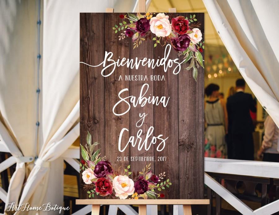 Mariage - Bienvenidos a Nuestra Boda, Welcome Wedding Sign, Rustic Welcome Wedding Sign, Burgundy Flowers, Spanish Sign, Marsala Sign, W86