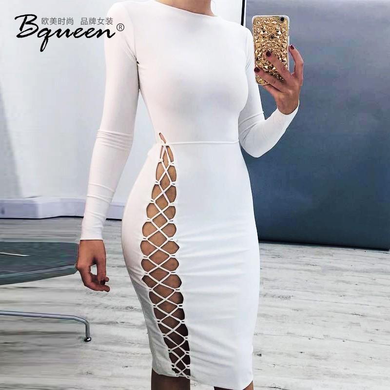 زفاف - Women's fashion fall/winter 2017 new asymmetric bandage split round neck bandage dress - Bonny YZOZO Boutique Store