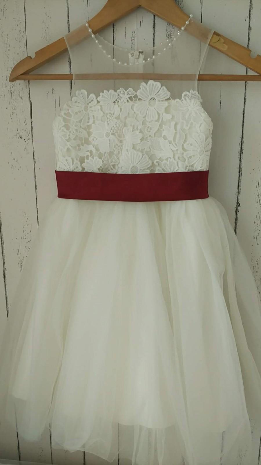 Wedding - Ivory Lace tulle flower girl dress with satin burgundy sash