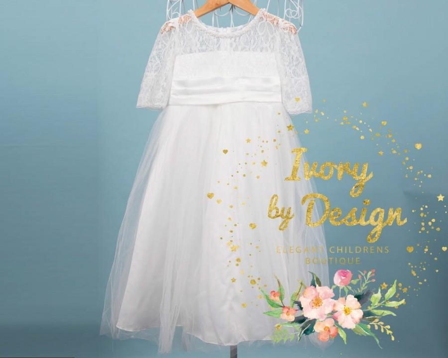 Hochzeit - Elegant White Lace Girls Flower girl dress girls communion dress with beautiful lace sleeves  stunning pearl neckline floor Length design